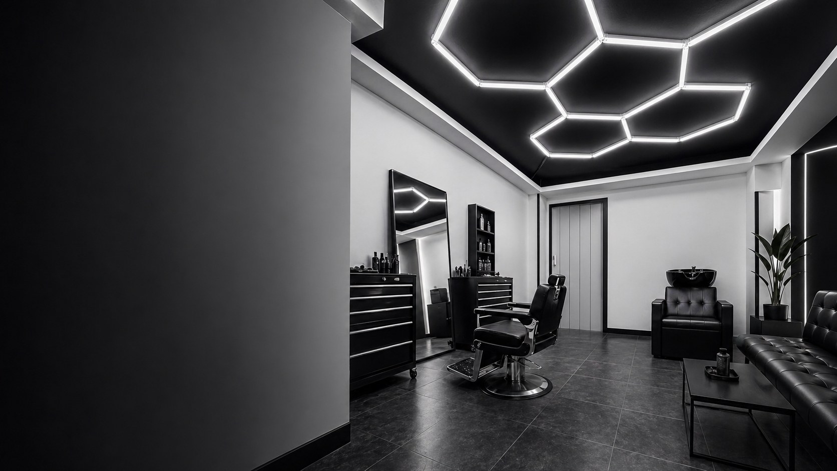 Ilustración del local de Salon Hamad con techo negro, tubos LED geométricos y decoración blanco y negro